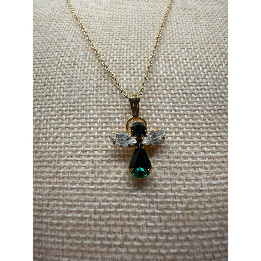 Gold‎ Tone Emerald Green Crystal Angel Pendant Necklace 18 Inch Chain